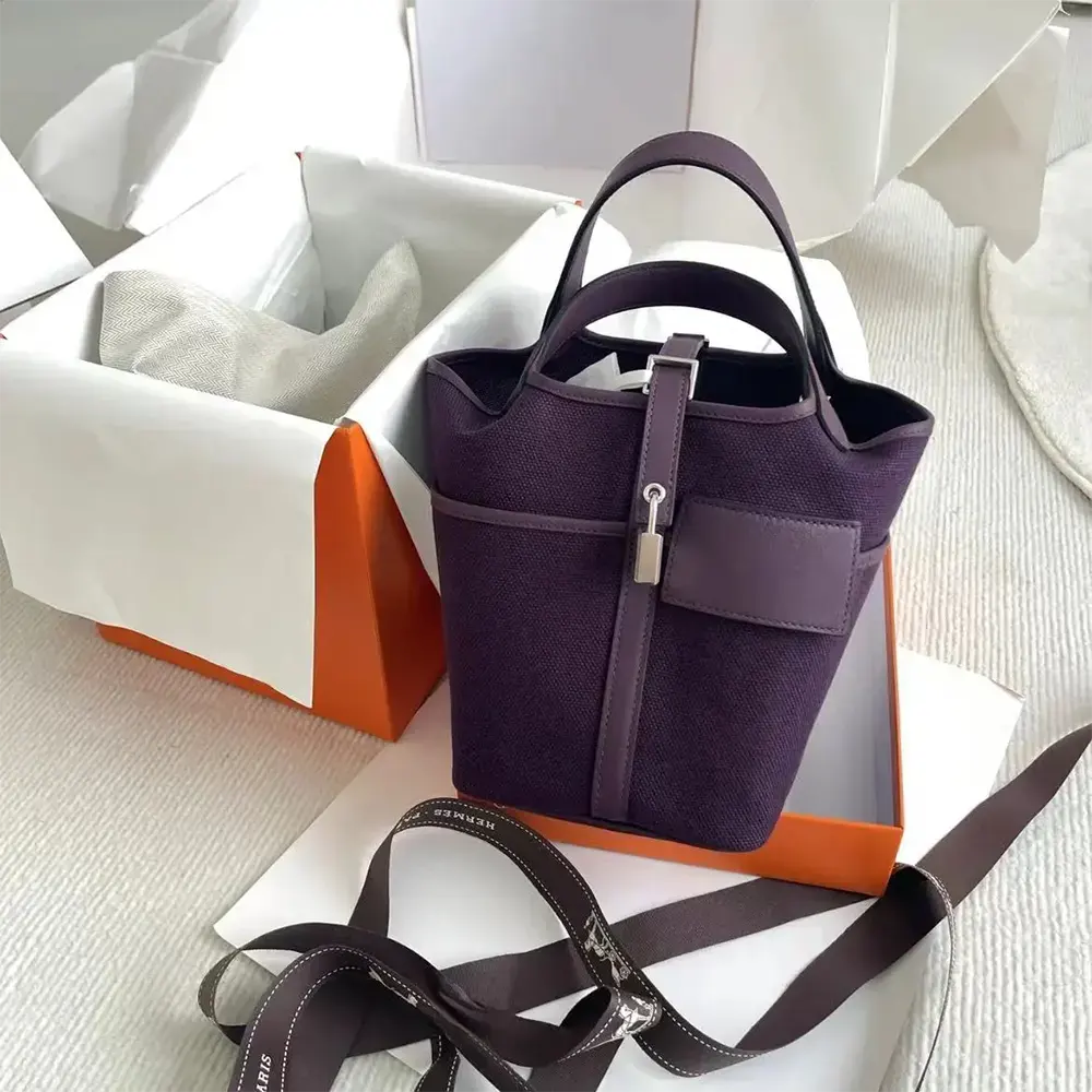 Close-up of signature lock hardware on Hermes Women Picotin Lock Purple