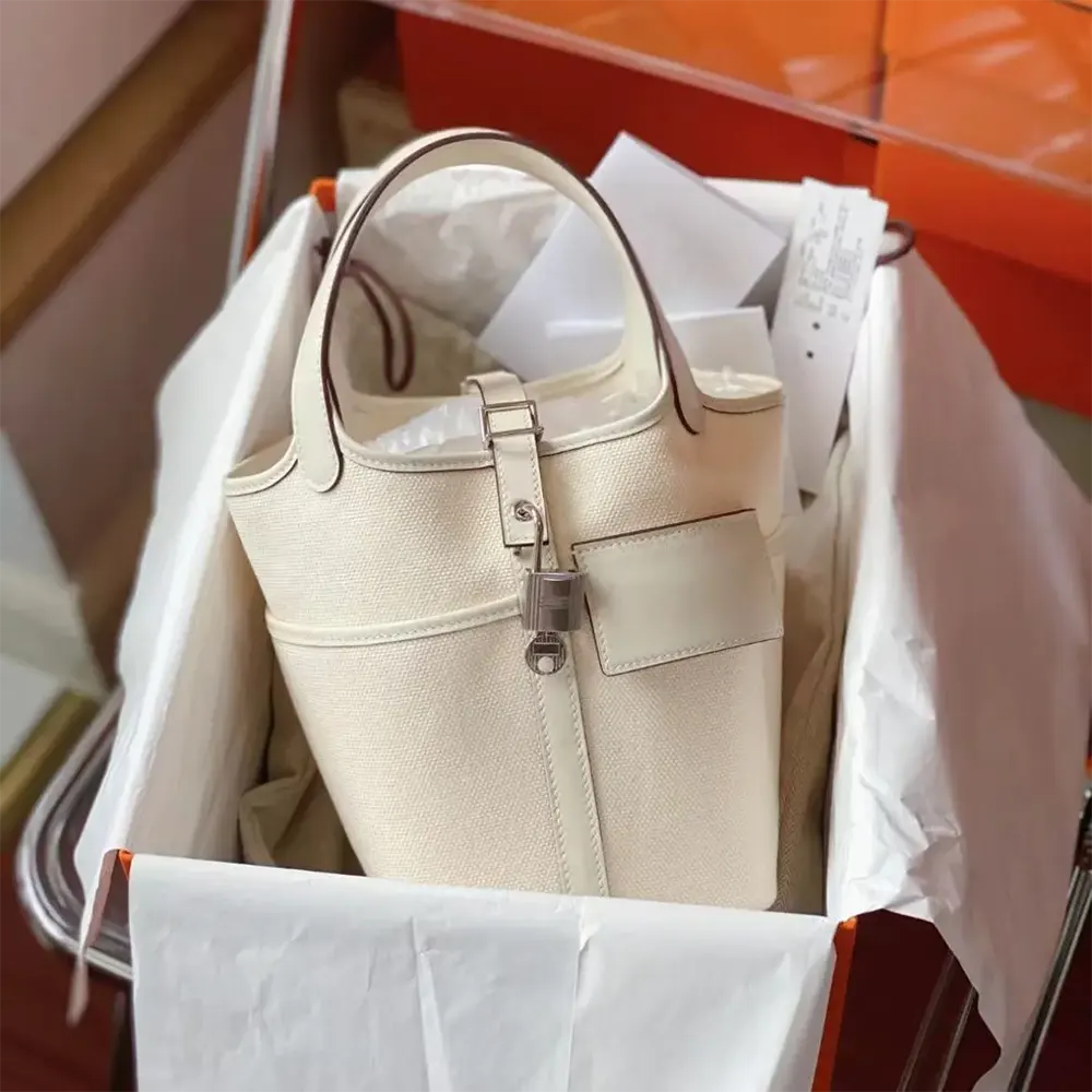 Hermes Women Picotin Lock 18 Pockets in Goeran Canvas Leather-White - image 4