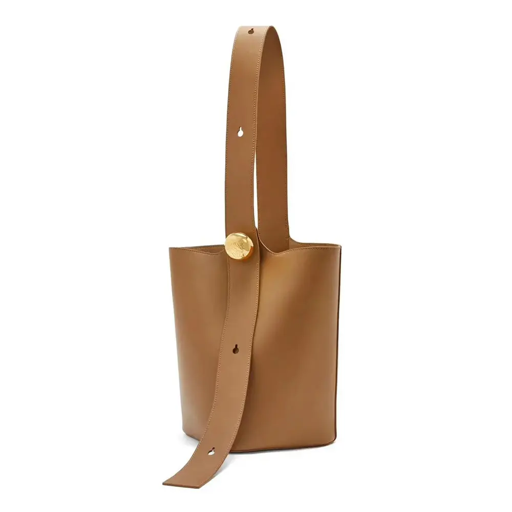 Front view of Loewe Unisex Medium Pebble Bucket Bag in brown calfskin