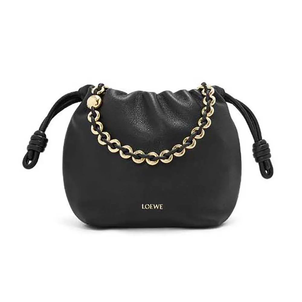 Front view of Loewe Women Mini Flamenco Purse Bag in Black lambskin