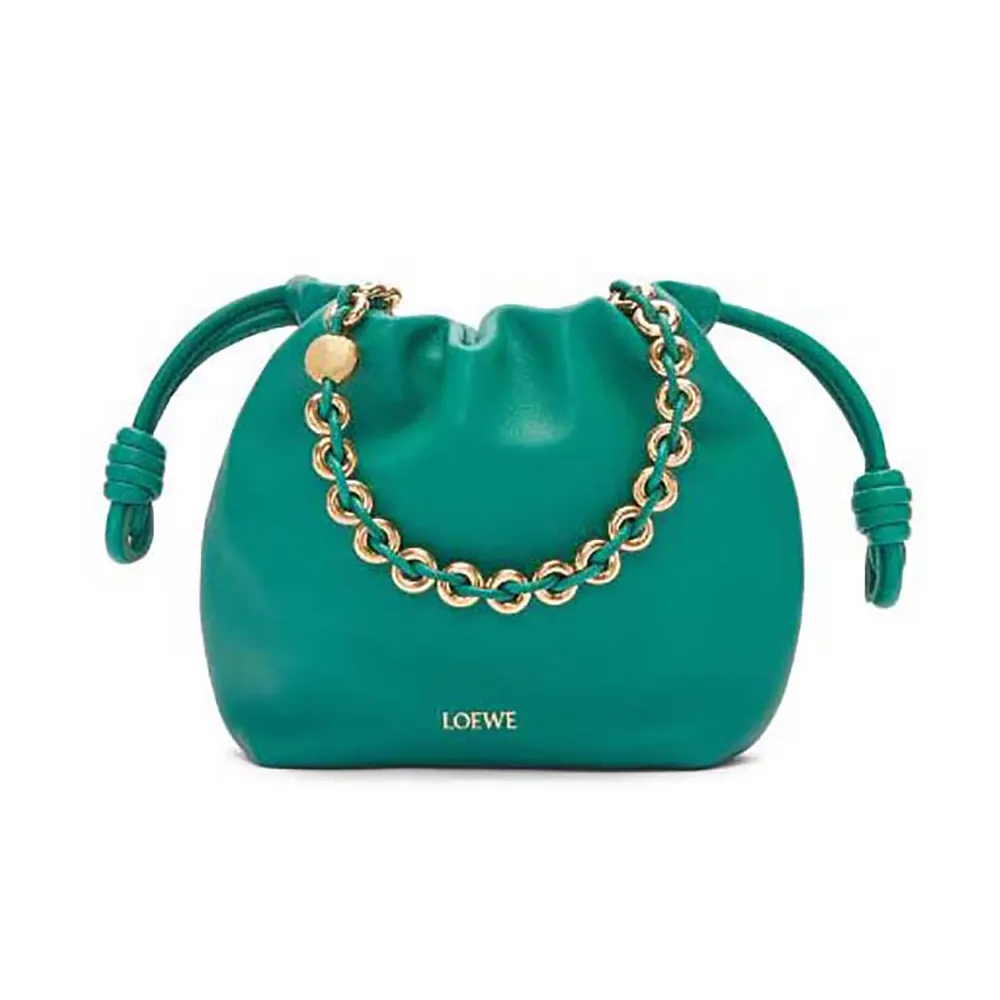 Front view of Loewe Women Mini Flamenco Purse Bag in sea green lambskin