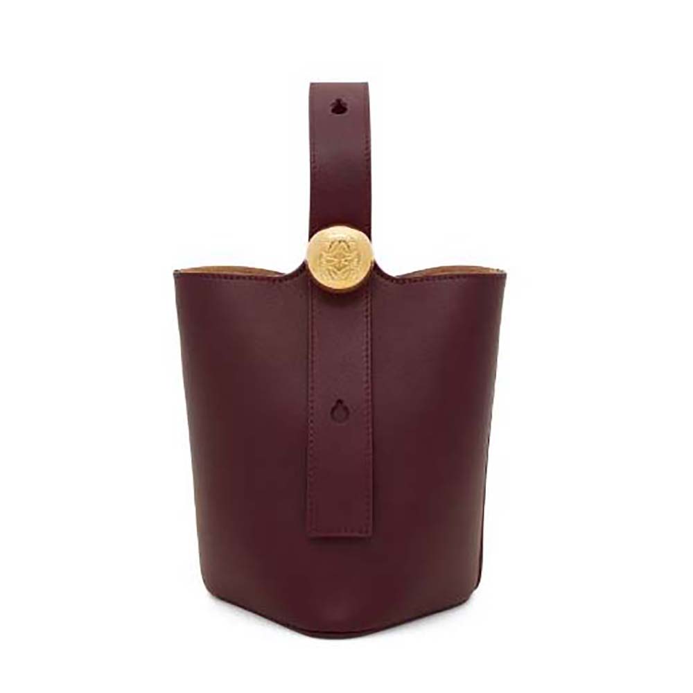 Front view of Loewe Unisex Mini Pebble Bucket Bag in Mellow Calfskin-Maroon