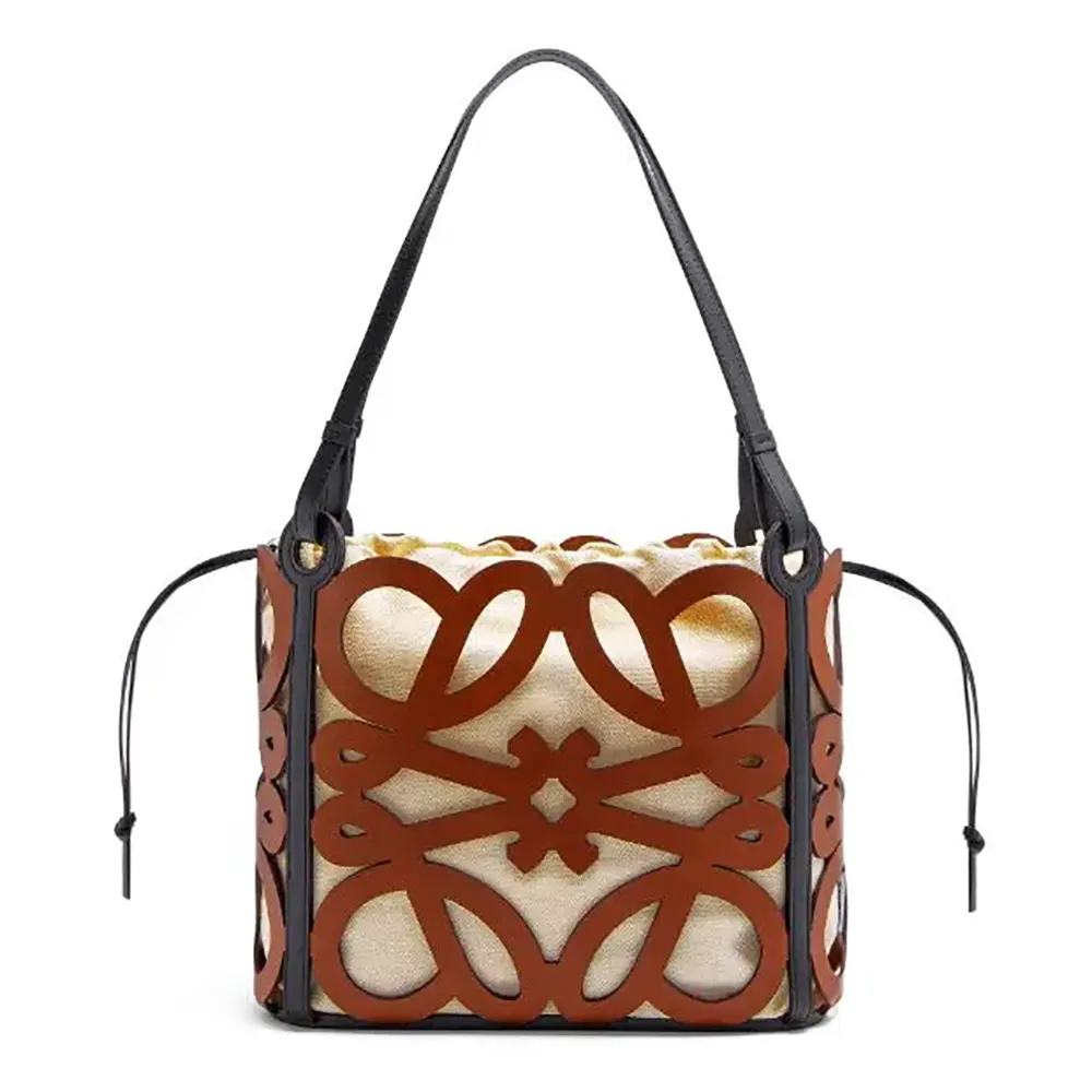 Front angle of Loewe Women Small Anagram Cut-out Tote in Calfskin-Tan