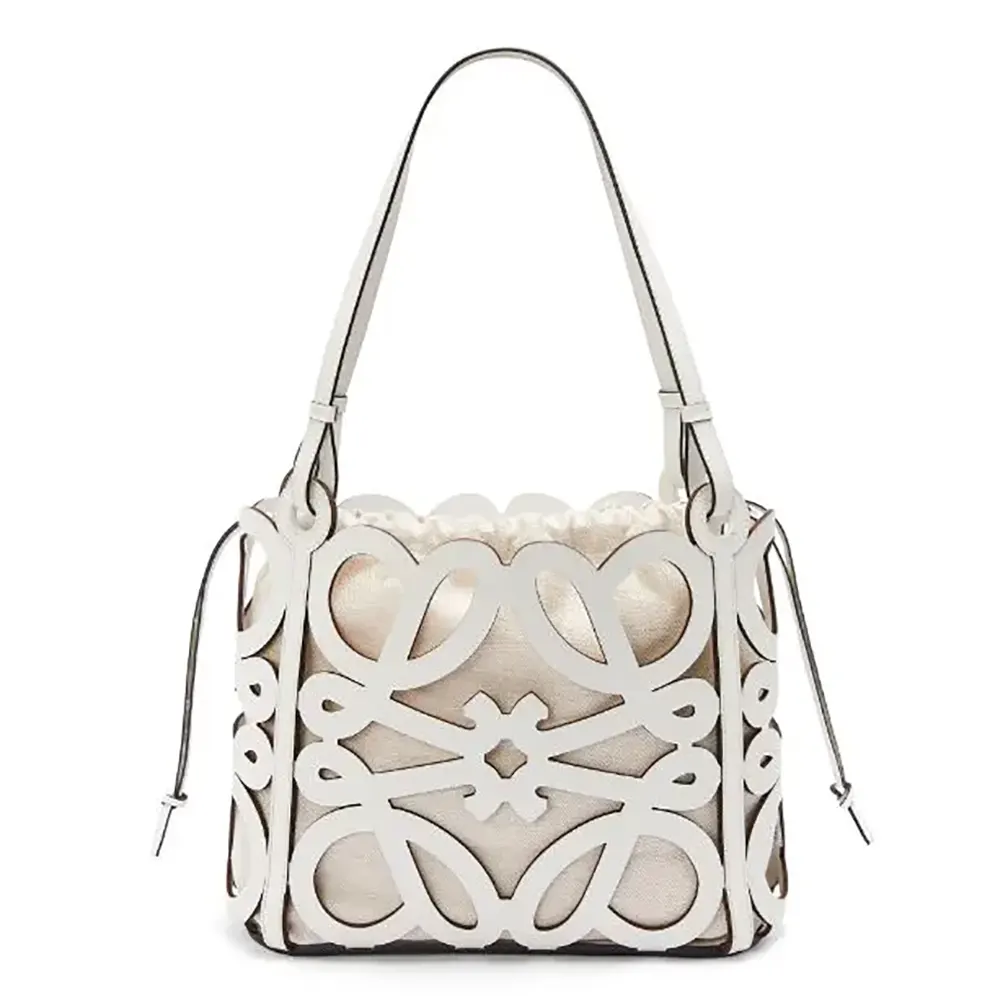 Front view of Loewe Women Small Anagram Cut-out Tote in Calfskin-White