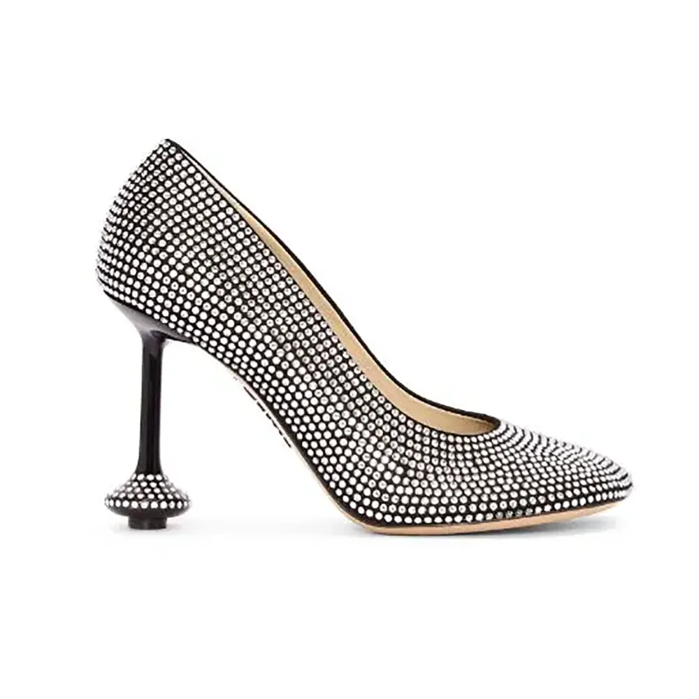 Side view of Loewe Women Toy Pump in Suede and Allover Rhinestones-Black
