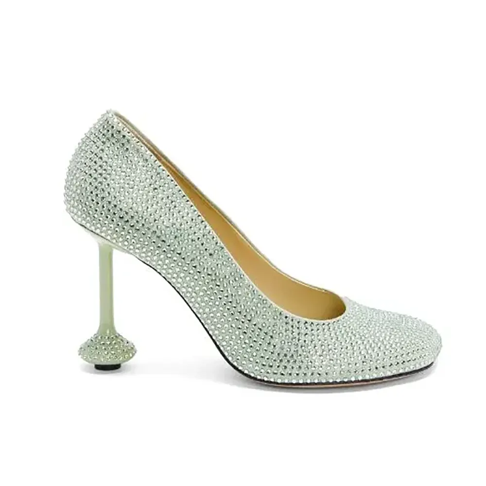 Side view of Loewe Women Toy Pump in Suede and Allover Rhinestones-Lime