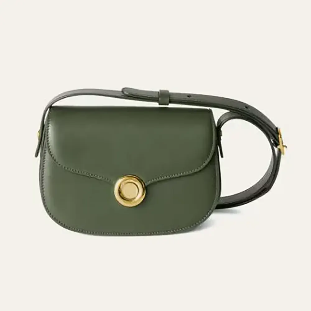 Front view of Loro Piana Women Mini Ghiera Bag-Dark Green with gold hardware