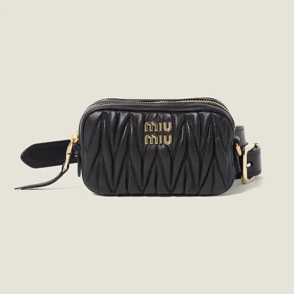 Front view of Miu Miu Women Belt with Matelassé Pouch-Black showing quilted texture