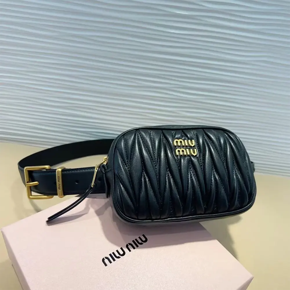 Close-up of silver hardware and buckle on Miu Miu Women Belt with Matelassé Pouch-Black