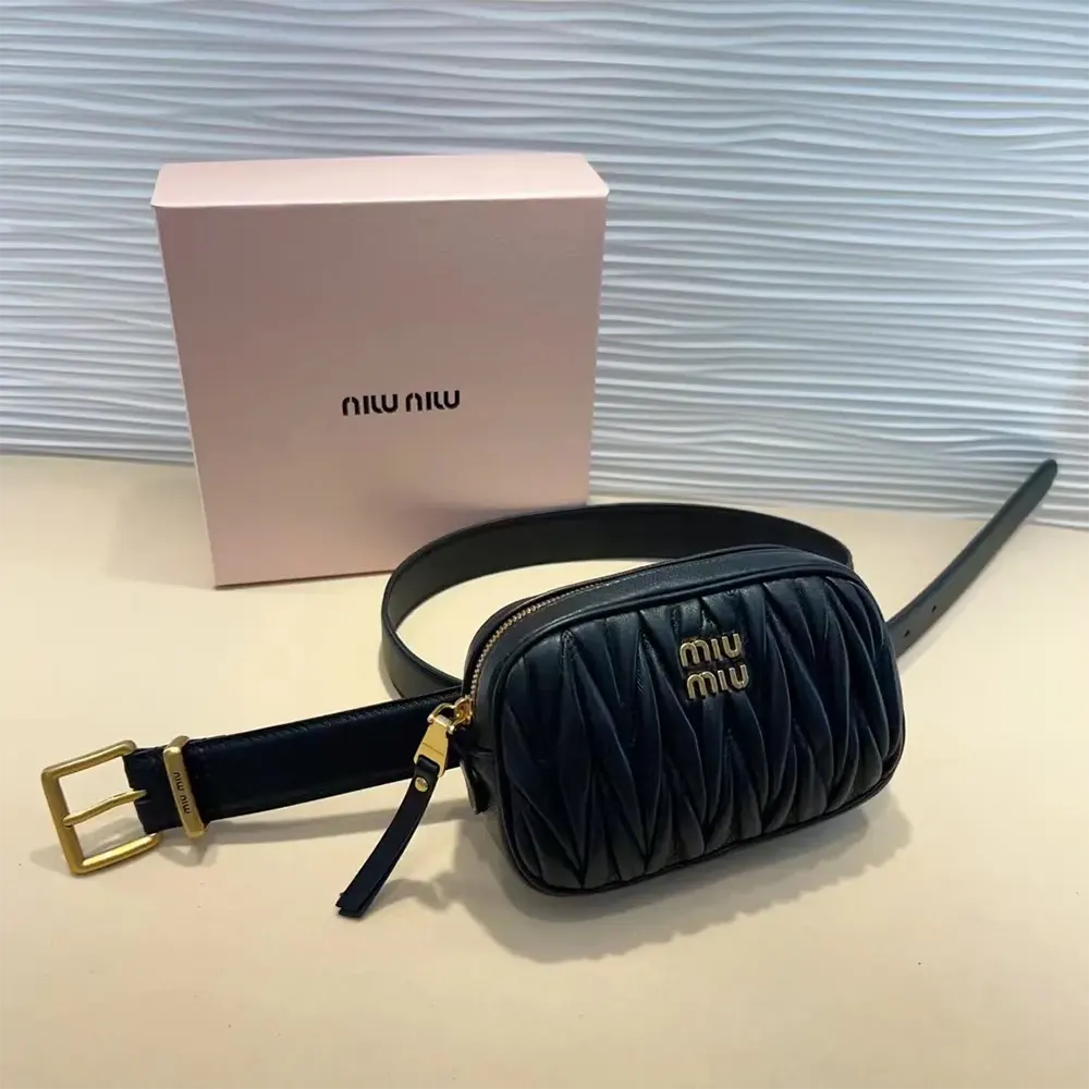 Side angle of Miu Miu Women Belt with Matelassé Pouch-Black highlighting compact silhouette