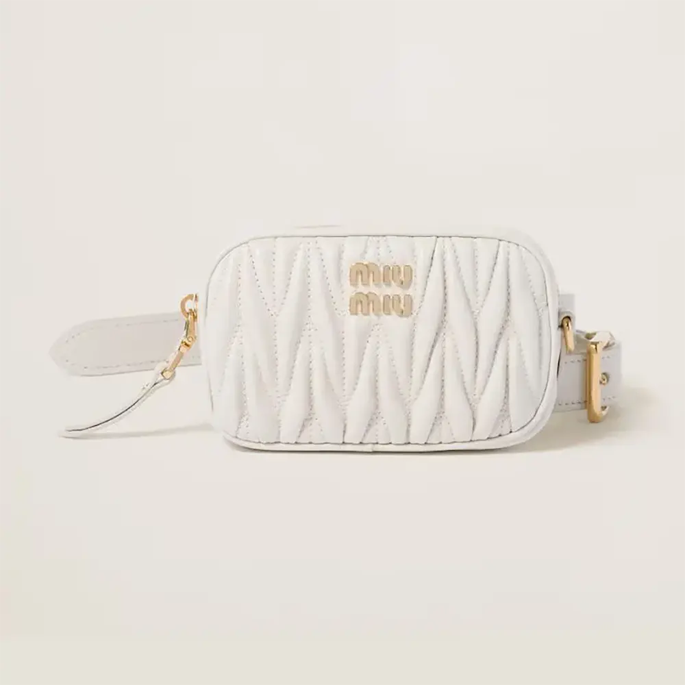 Front view of Miu Miu Women Belt with Matelassé Pouch-White showcasing quilted leather