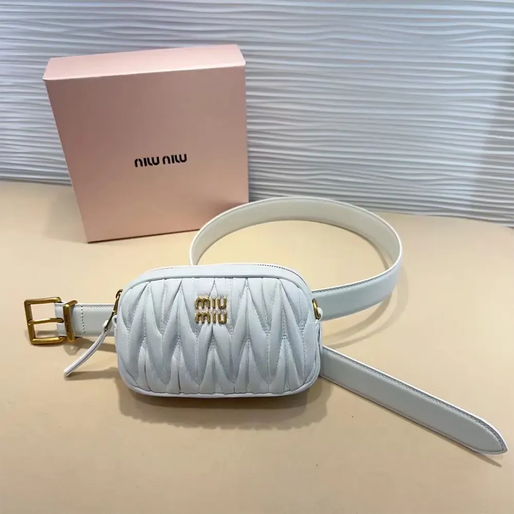Close-up of silver hardware and closure on Miu Miu Women Belt with Matelassé Pouch-White