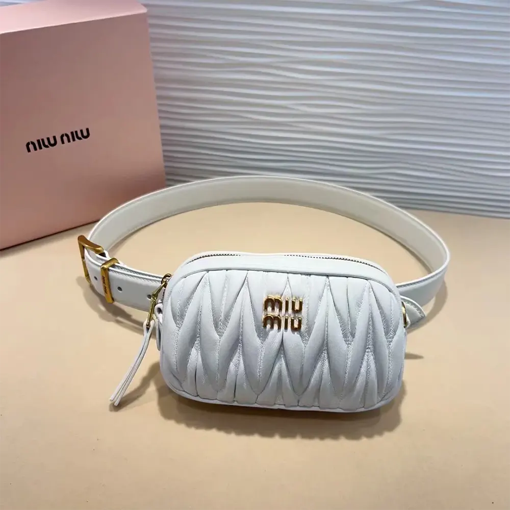 Side angle detail of sleek silhouette on Miu Miu Women Belt with Matelassé Pouch-White