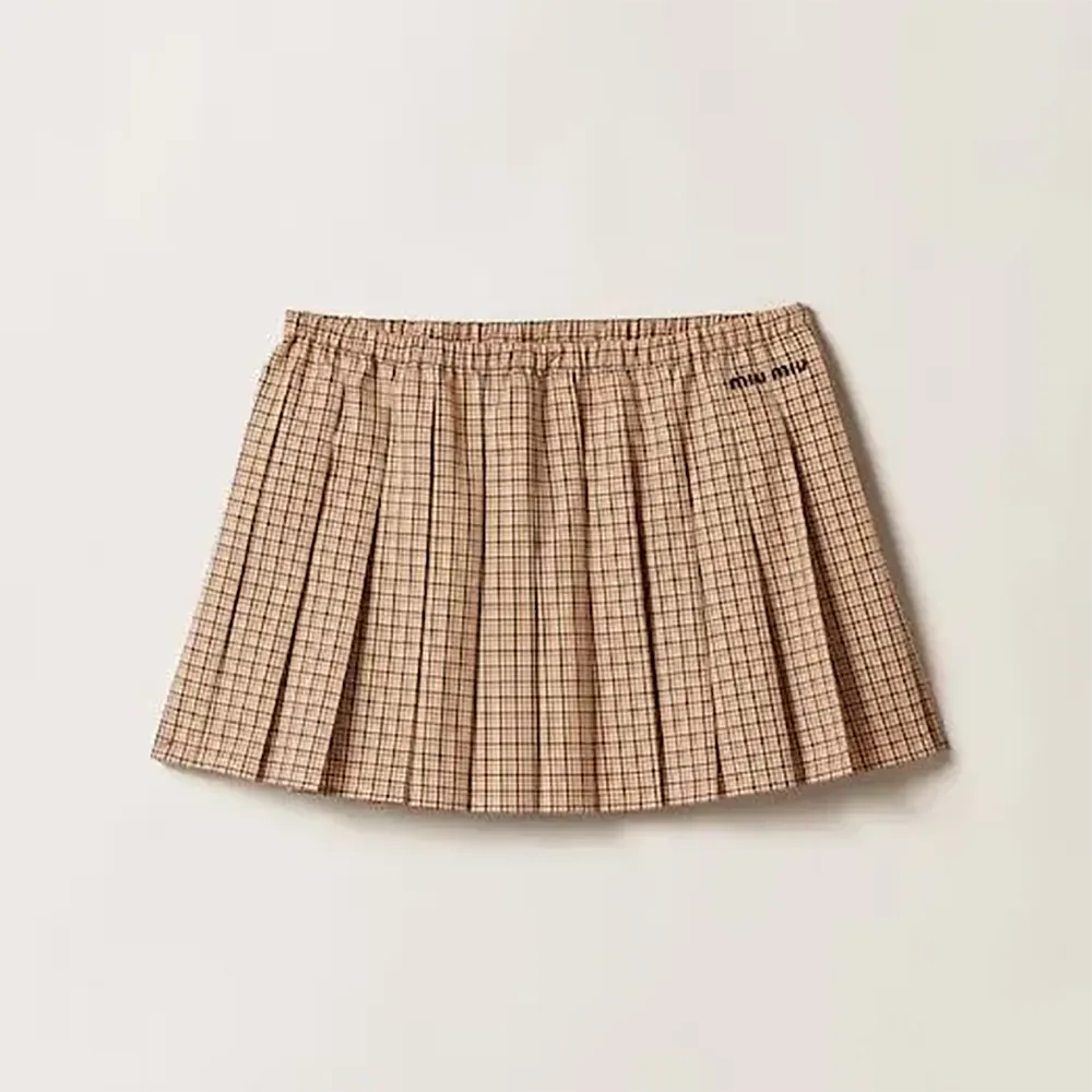 Front view of Miu Miu Women Checked Miniskirt with Embroidered Logo in brown