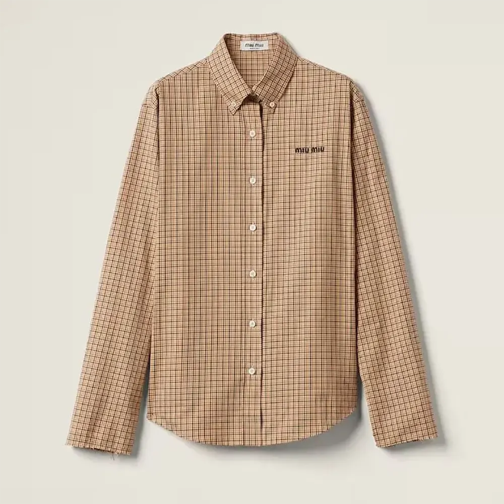 Front view of Miu Miu Women Checked Shirt with Embroidered Logo in brown