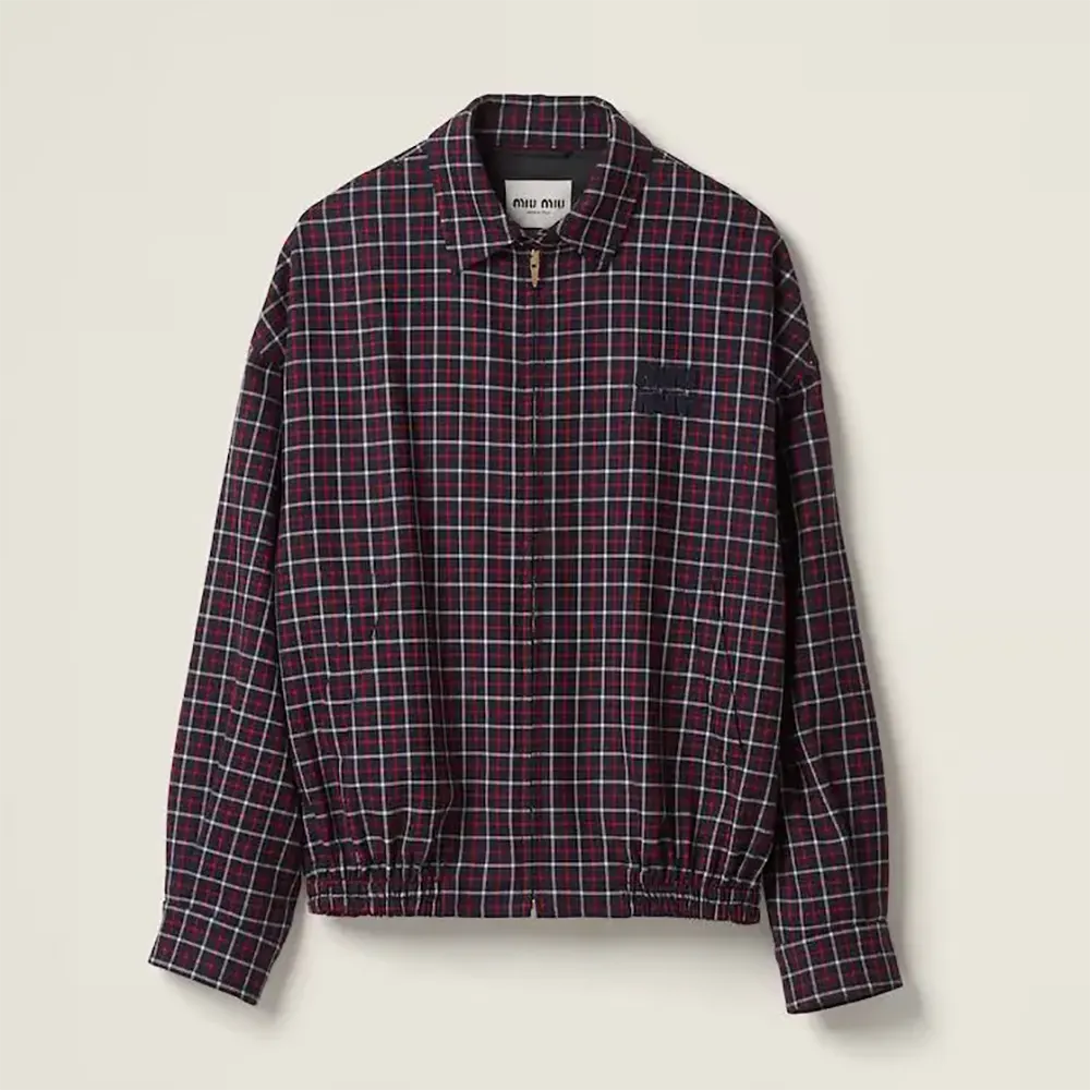 Front view of Miu Miu Women Checked Wool Blouson Jacket in black check