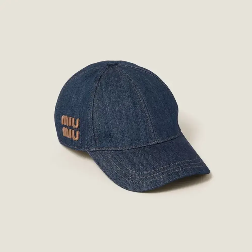 Front angle of Miu Miu Women Denim Baseball Cap Navy showing curved brim