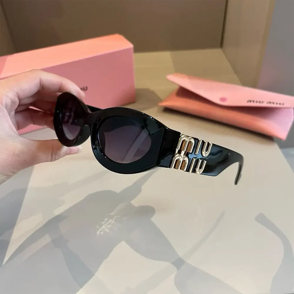 Side angle showing oversized square silhouette of Miu Miu Women Miu Glimpse Sunglasses