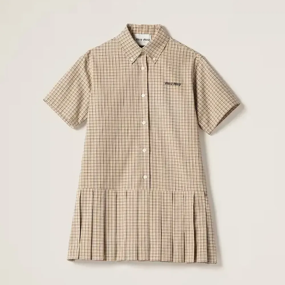 Front view of Miu Miu Women Pleated Check Dress with Embroidered Logo in brown