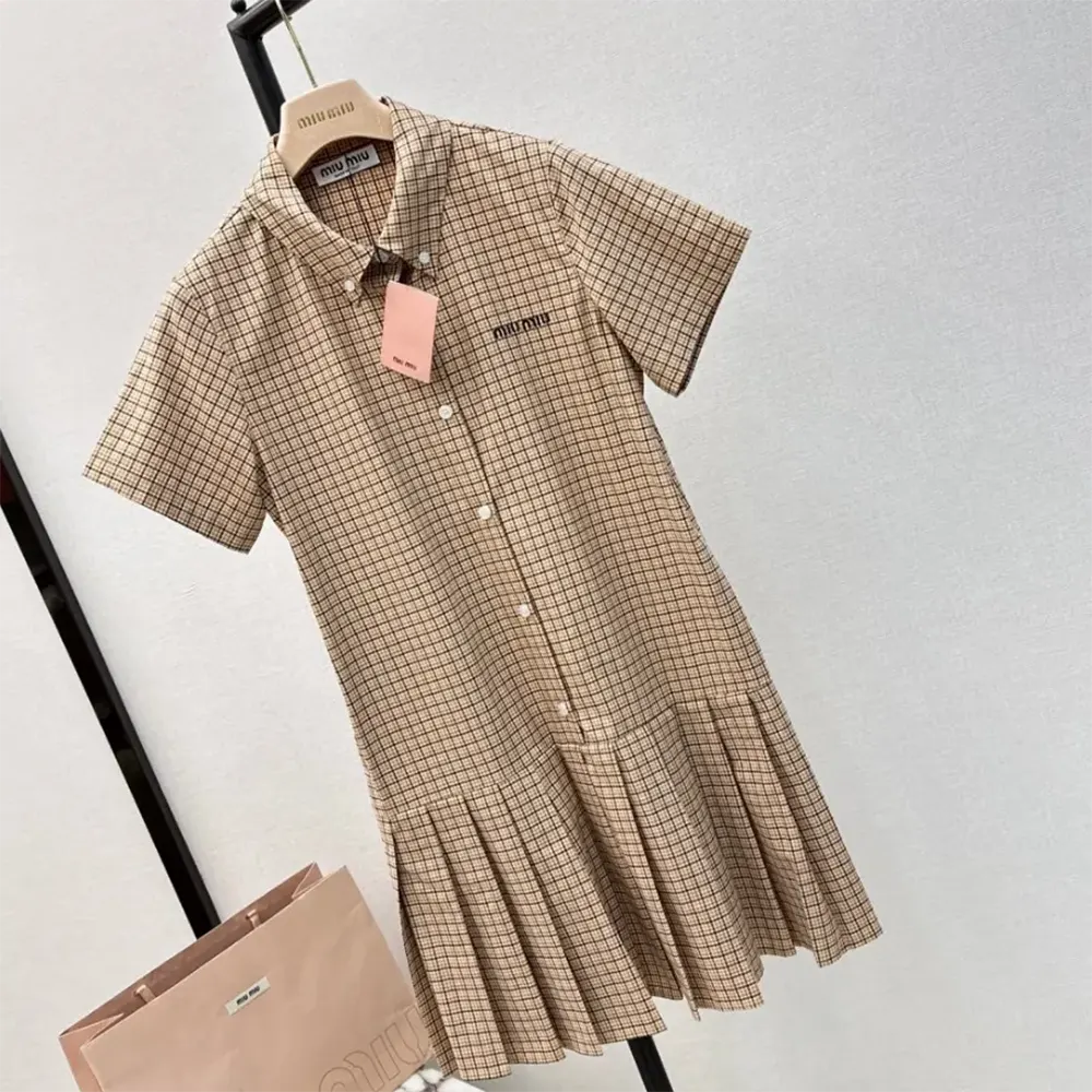Miu Miu Women Pleated Check Dress with Embroidered Logo - image 4