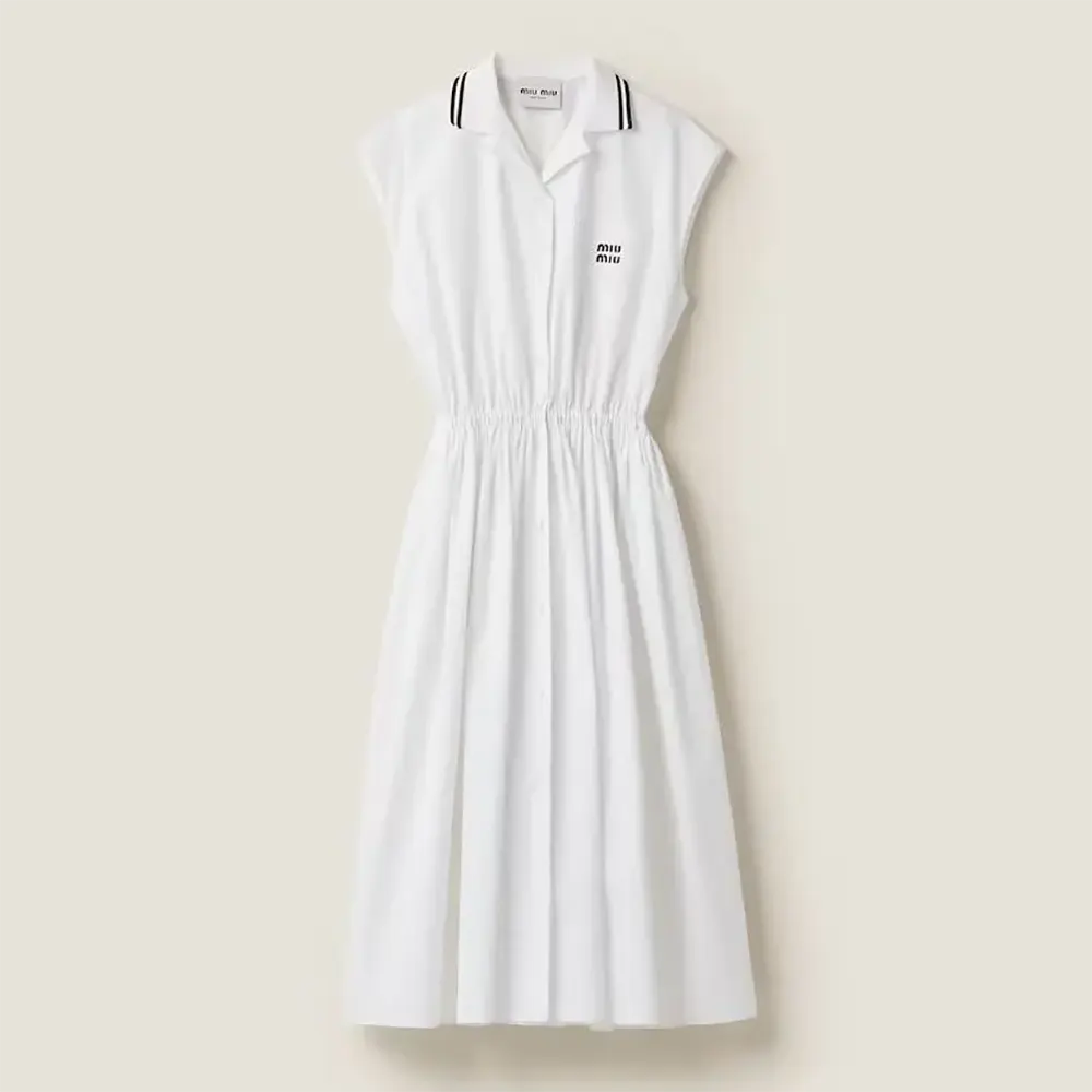 Front view of Miu Miu Women Poplin Midi-dress with Embroidered Logo in white