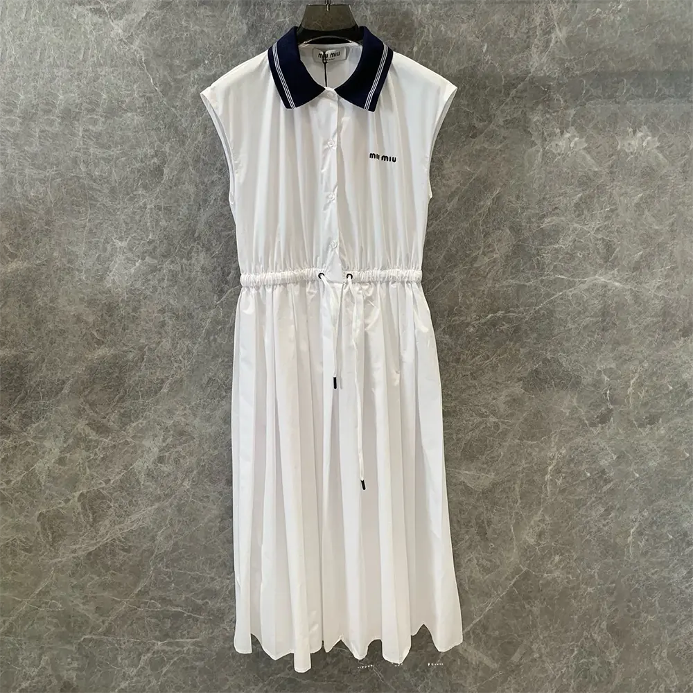Close-up of embroidered logo detail on Miu Miu Women Poplin Midi-dress