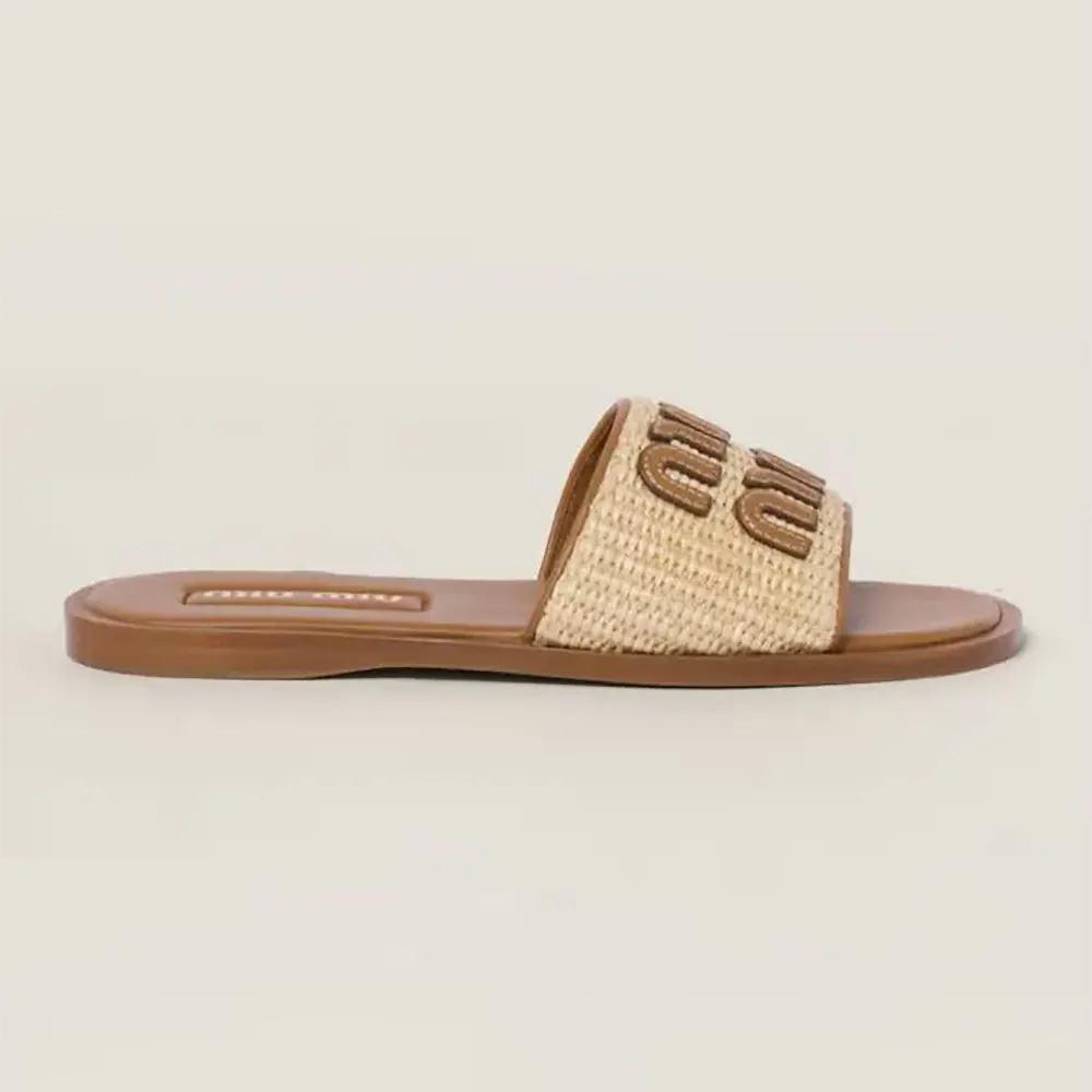 Side view of Miu Miu Women Raffia-effect Woven Fabric Slides brown colour