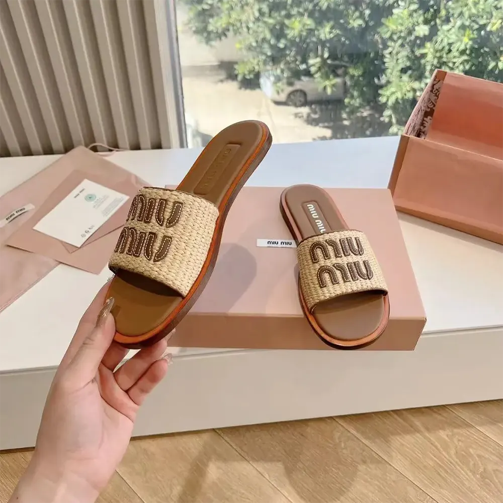 Miu Miu Women Raffia-effect Woven Fabric Slides - image 4