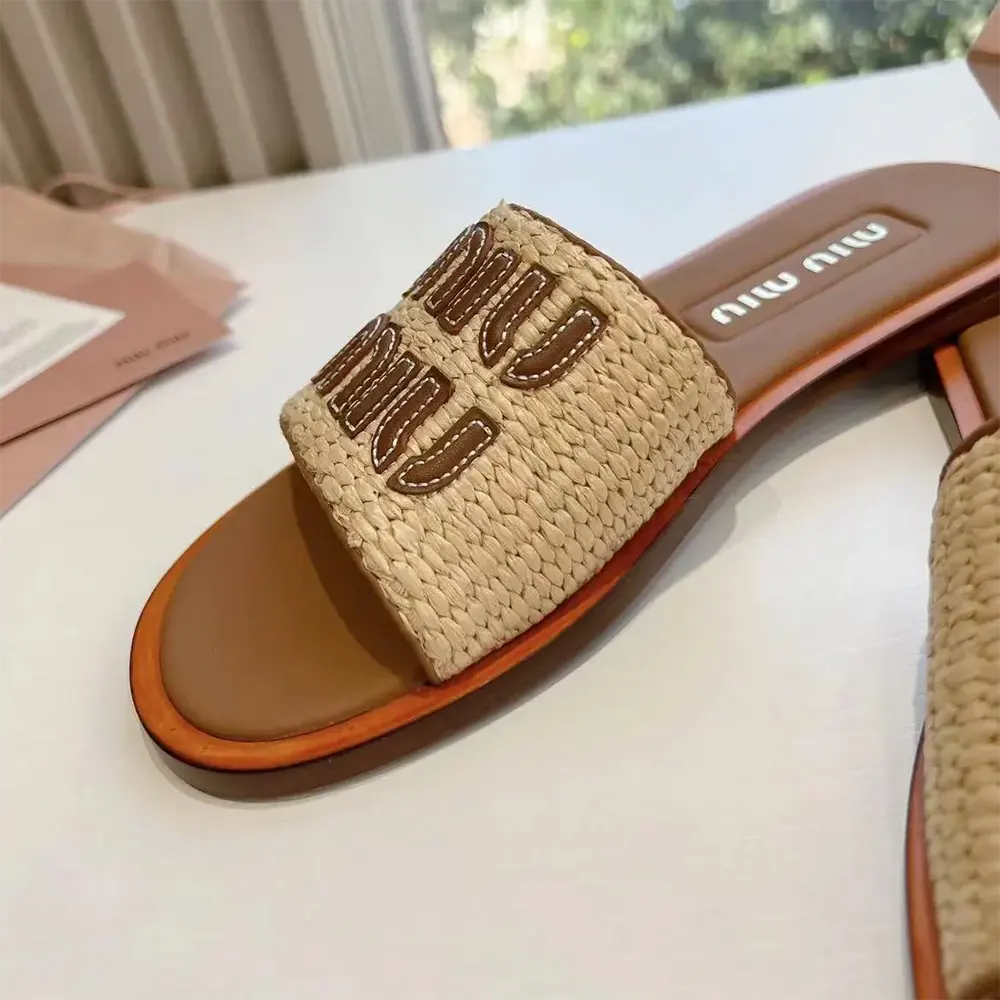 Miu Miu Women Raffia-effect Woven Fabric Slides - image 5