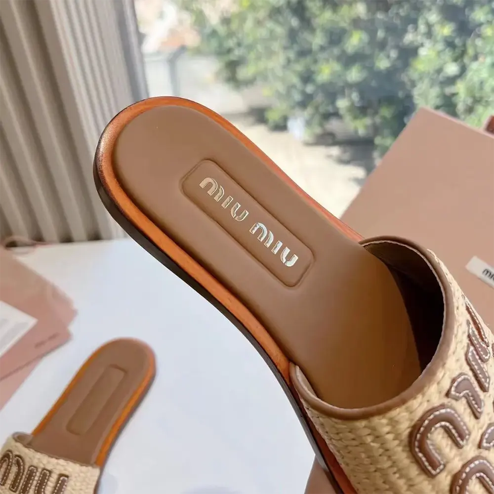 Miu Miu Women Raffia-effect Woven Fabric Slides - image 6