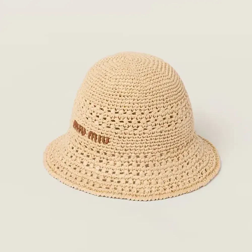 Front view of Miu Miu Women Woven Fabric Hat-Beige showing texture