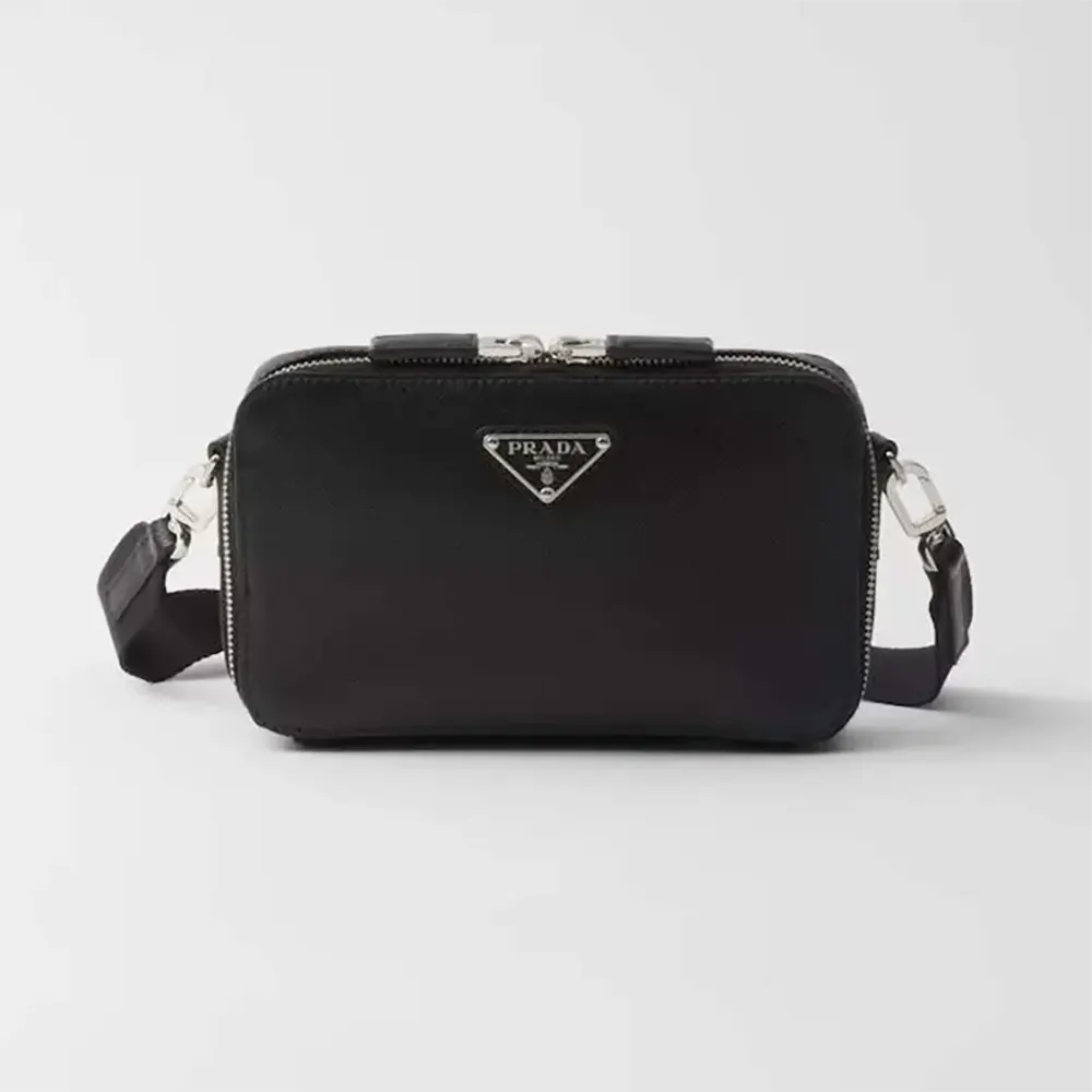 Front view of Prada Men Brique Brushed Leather Bag in black
