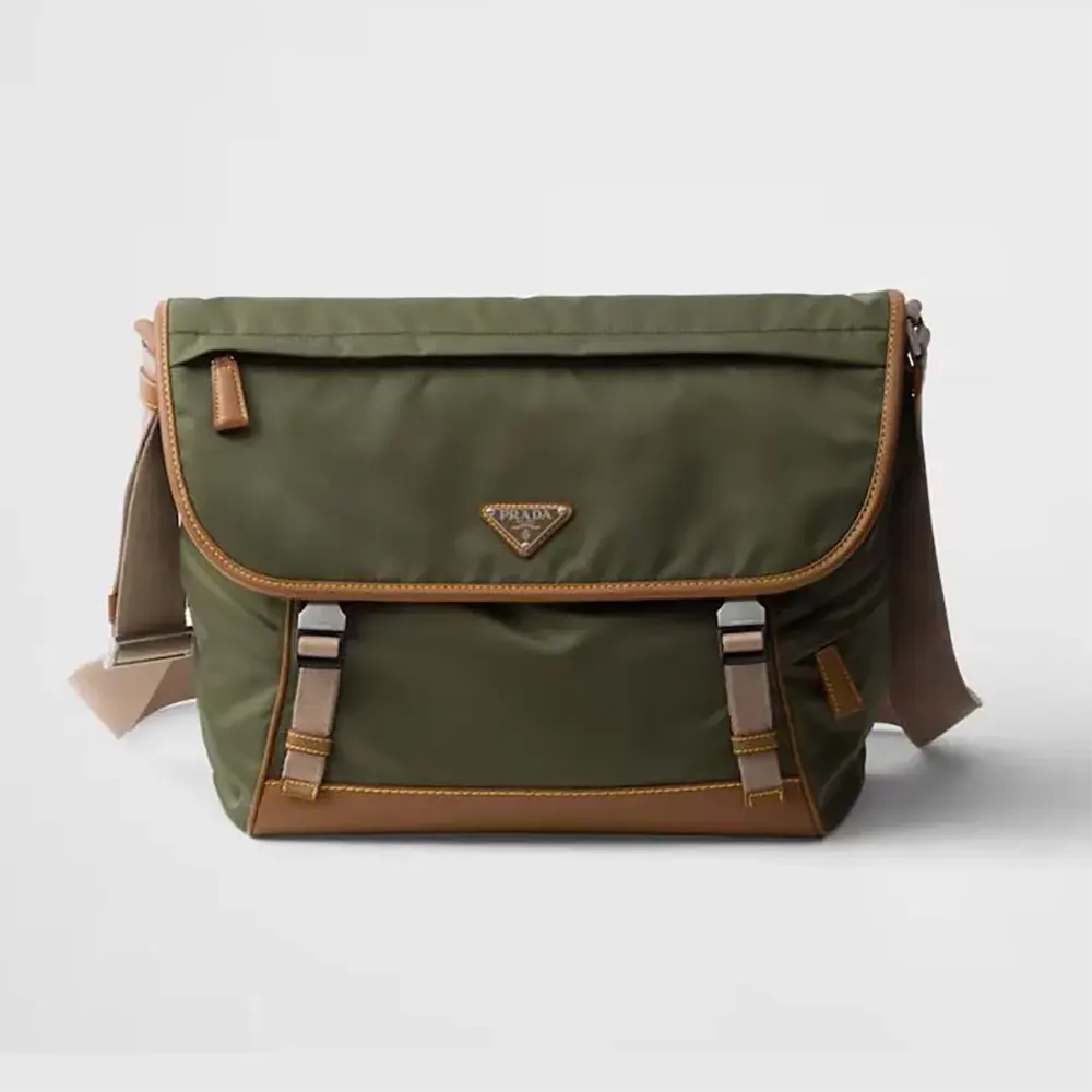 Front view of Prada Men Re-Nylon and Leather Shoulder Bag-Dark Green