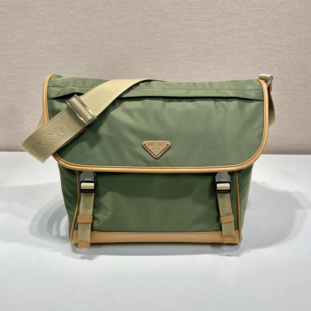 Close-up of silver hardware and dark green leather on Prada bag