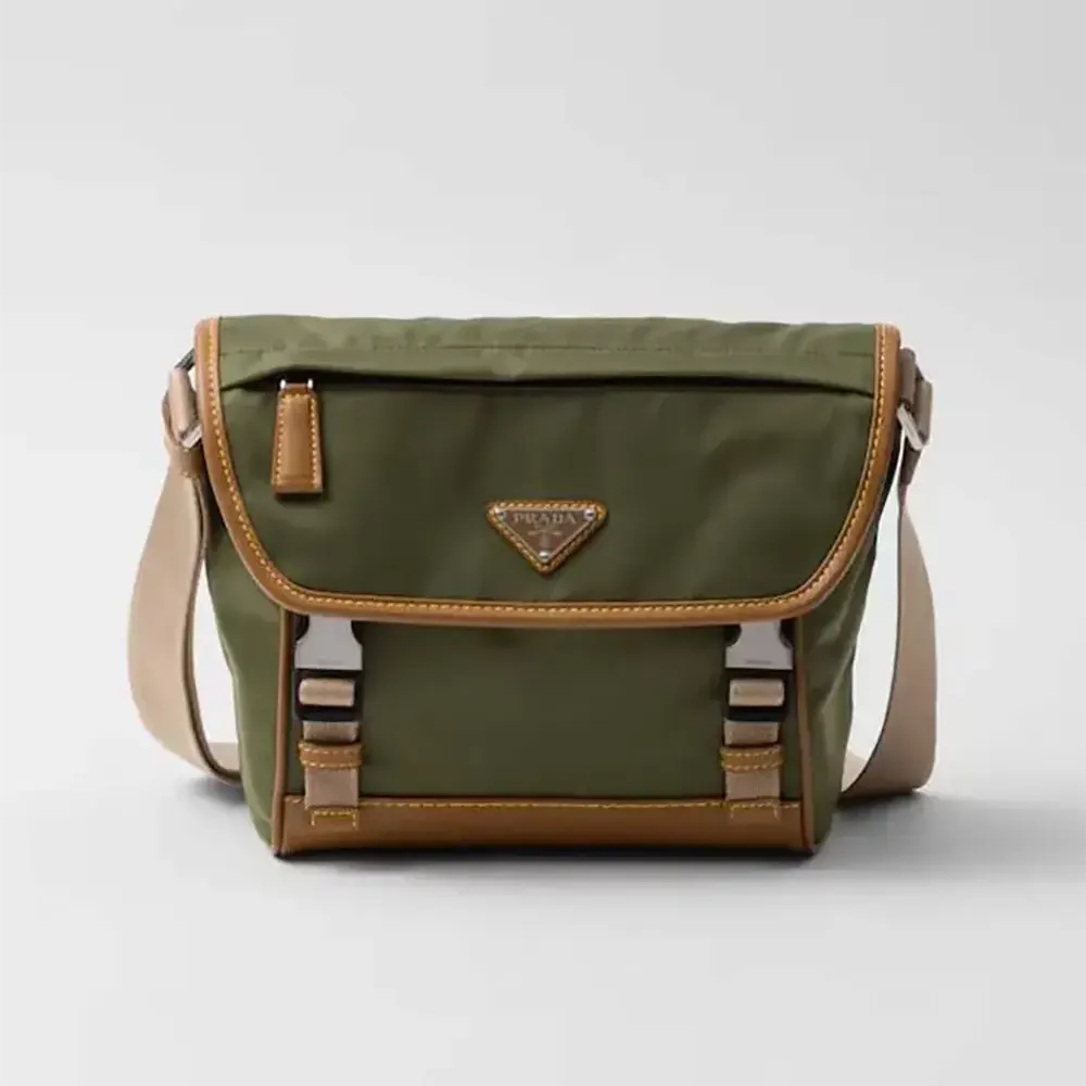 Front view of Prada Men Re-Nylon and Leather Shoulder Bag-Dark Green