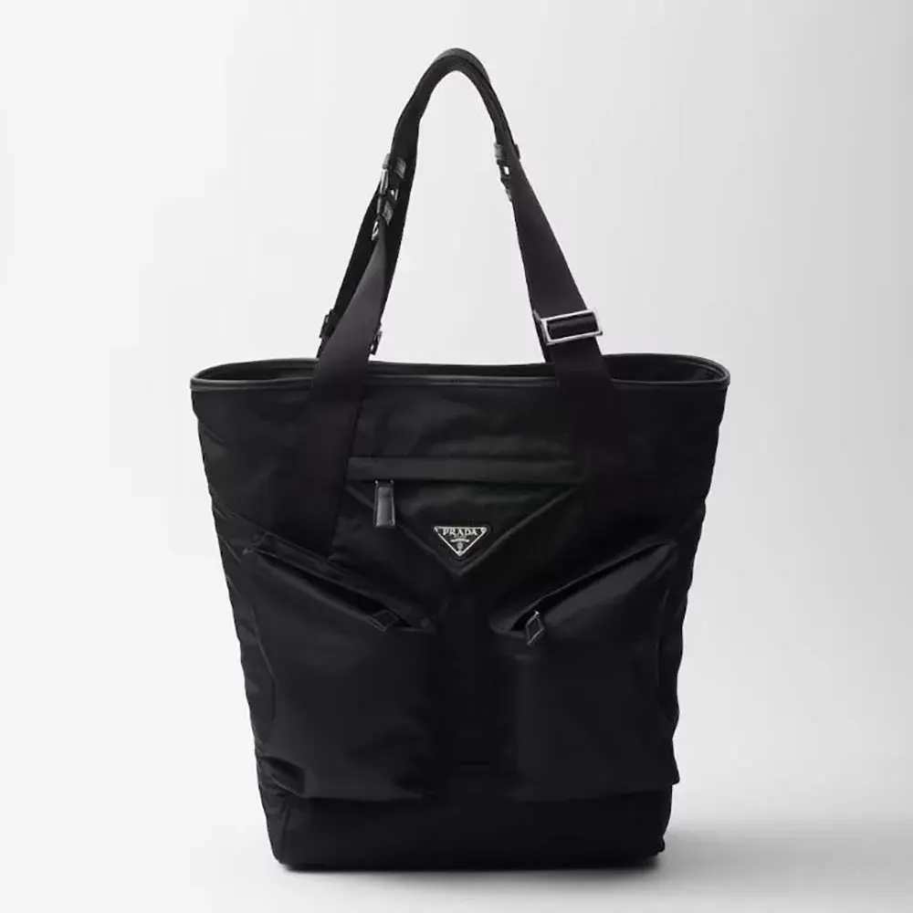 Front view of Prada Men Re-Nylon and Leather Tote Bag-Black