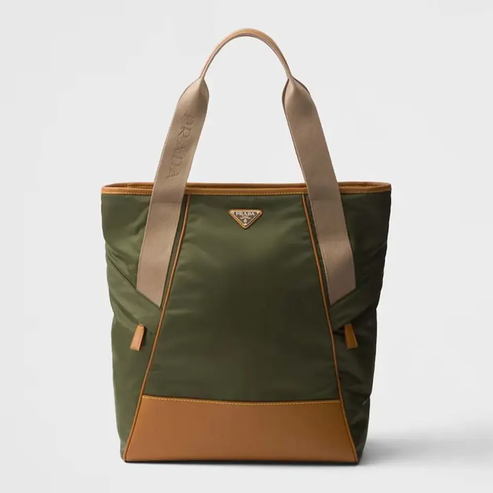 Front angle of Prada Men Re-Nylon and Leather Tote Bag-Dark Green