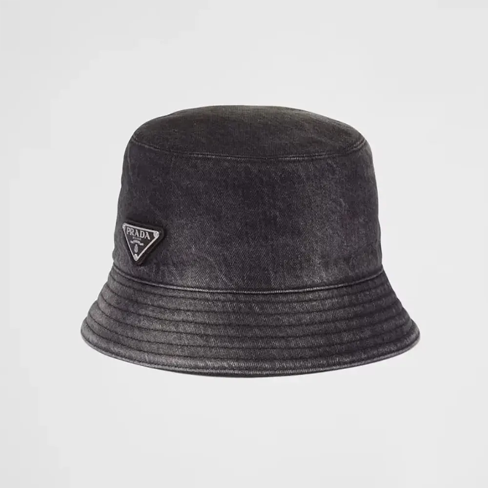 Front view of Prada Unisex Denim Bucket Hat-Black with logo detail