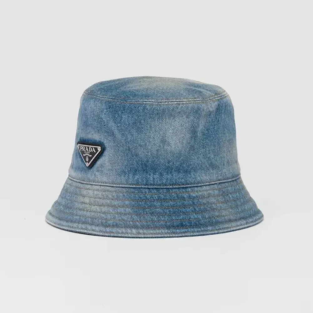 Front view of Prada Unisex Denim Bucket Hat-Blue showing logo band