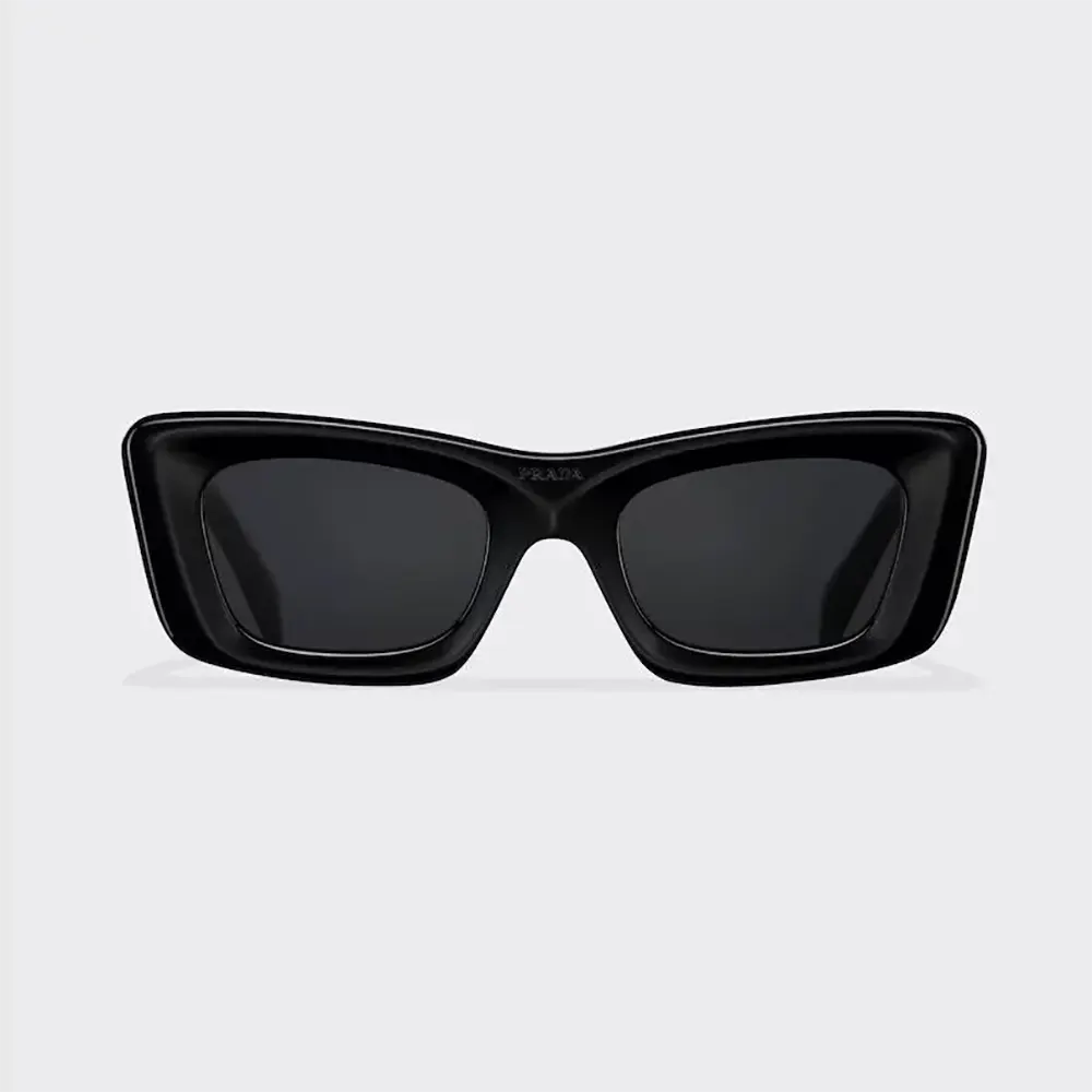 Front view of Prada Unisex Sunglasses with Triangle Logo in black acetate