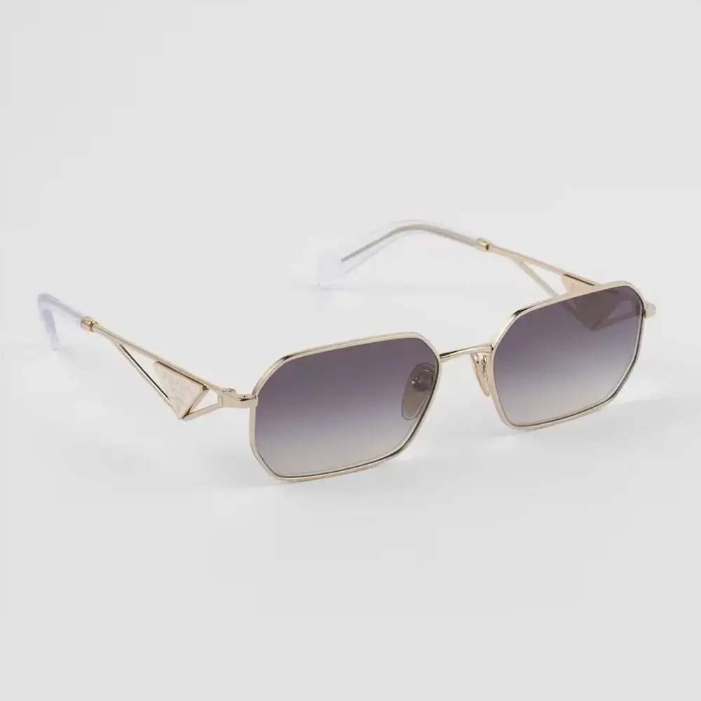 Front view of Prada Unisex Sunglasses with Triangle Logo in gold