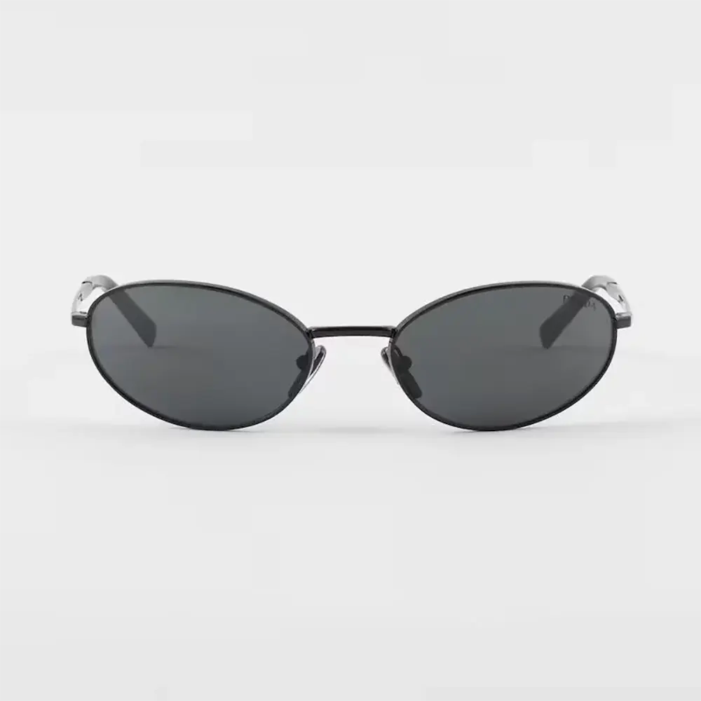 Front view of Prada Unisex Sunglasses with the Prada Logo in black acetate