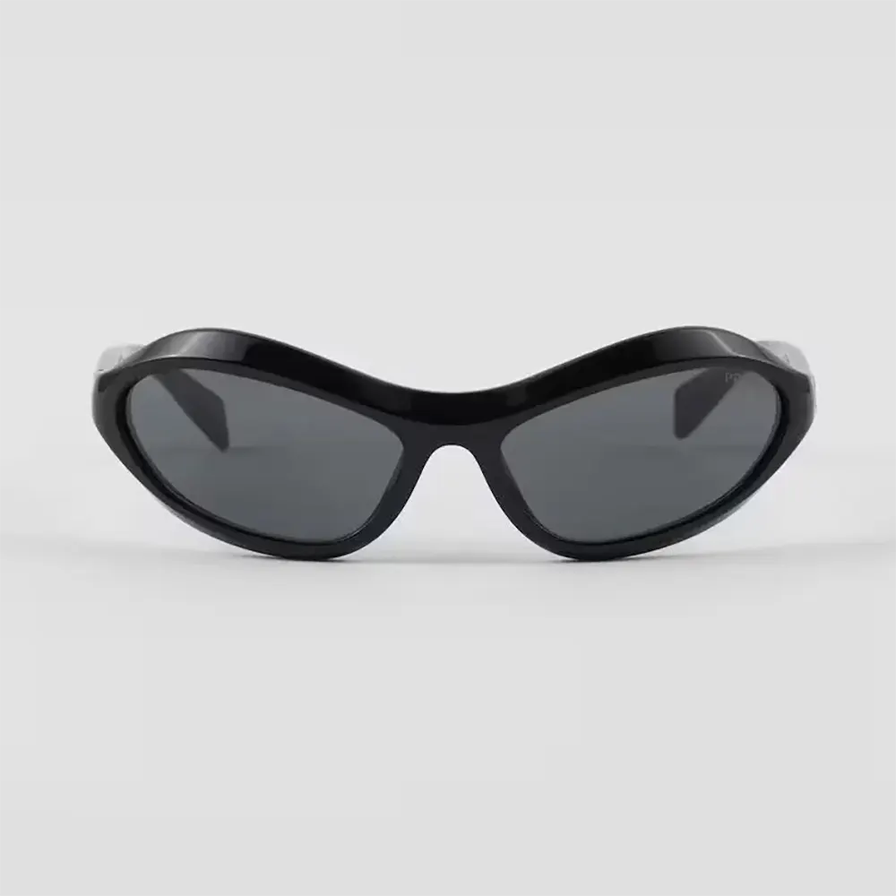 Close-up of silver-tone metal detail on Prada Unisex Swing Sunglasses