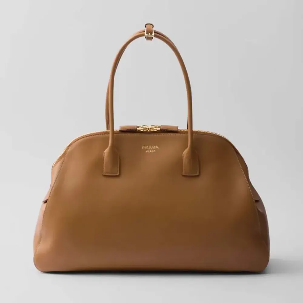 Front view of Prada Women Large Leather Tote Bag with Zipper Closure-Brown