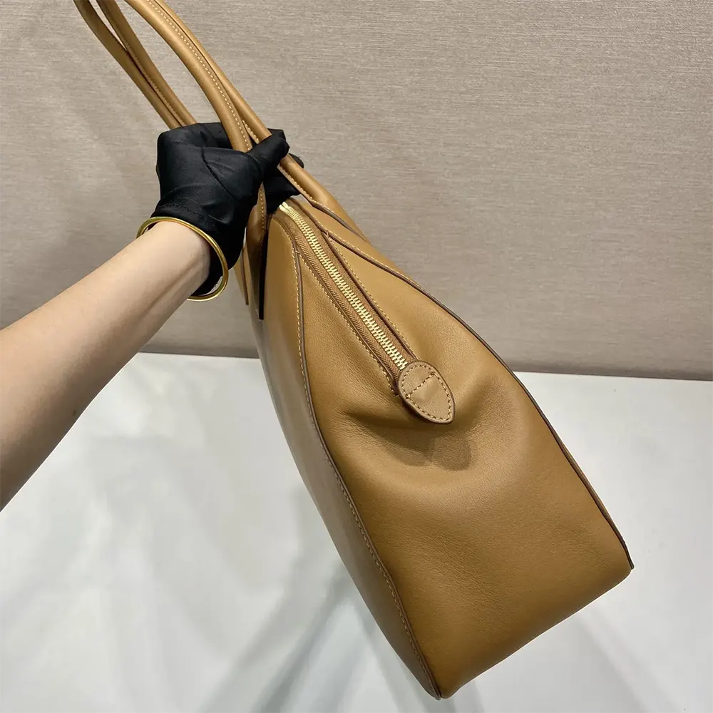Prada Women Large Leather Tote Bag with Zipper Closure-Brown - image 6