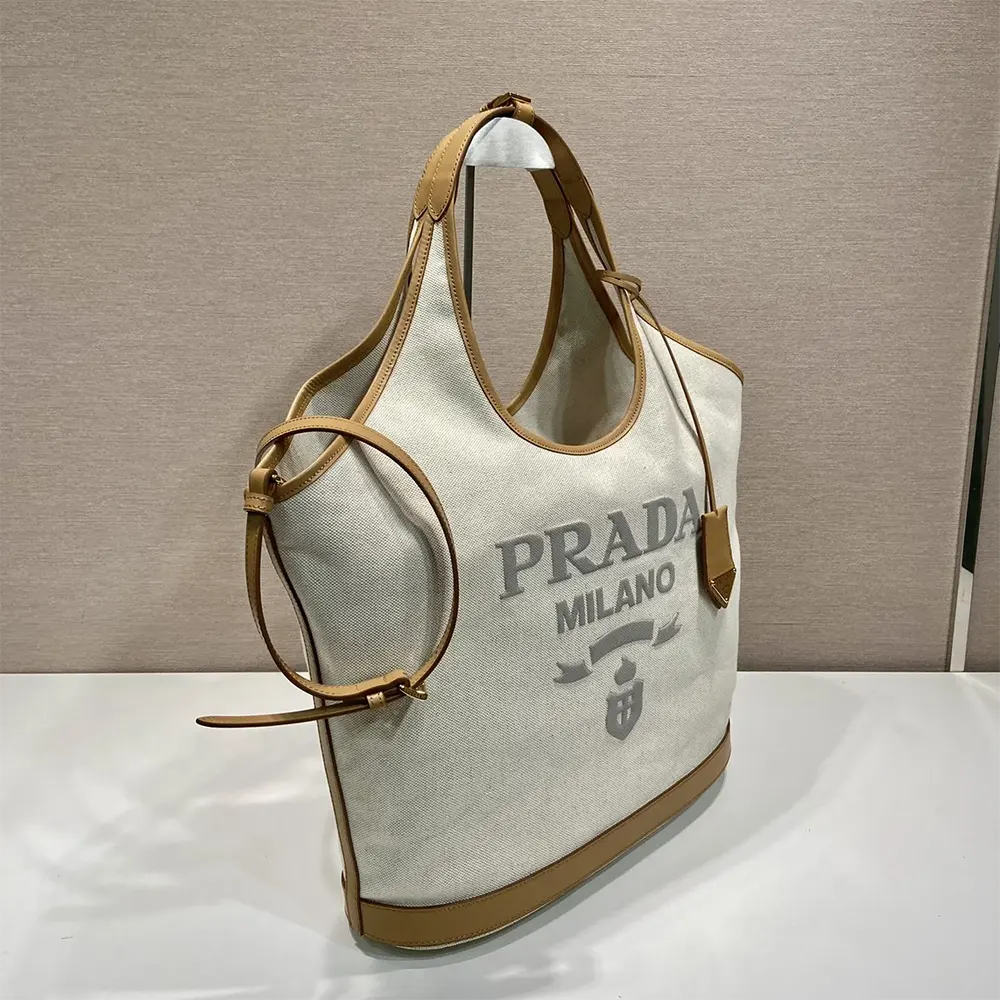 Prada Women Large Linen Blend and Leather Tote Bag - image 5