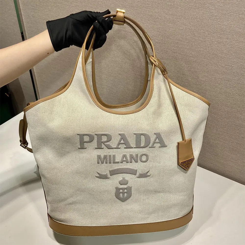 Prada Women Large Linen Blend and Leather Tote Bag - image 4