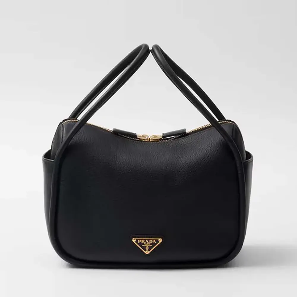 Front view of Prada Women Leather Handbag in black leather