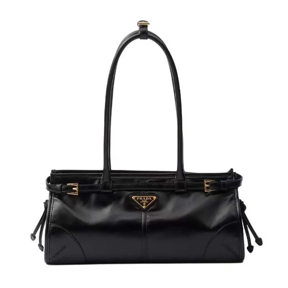 Front view of Prada Women Medium Leather Handbag-Black with logo