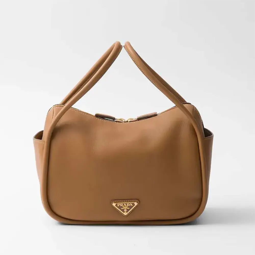 Front view of Prada Women Leather Handbag-Brown showing flap closure